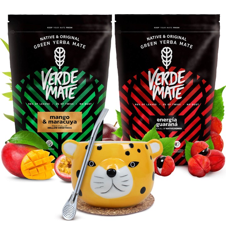 Ceai Yerba Mate Set, 2 x Verde Mate, Fructe, Guarana, Maracuja, 1kg, Cana Yaguar Gatito 300 ml