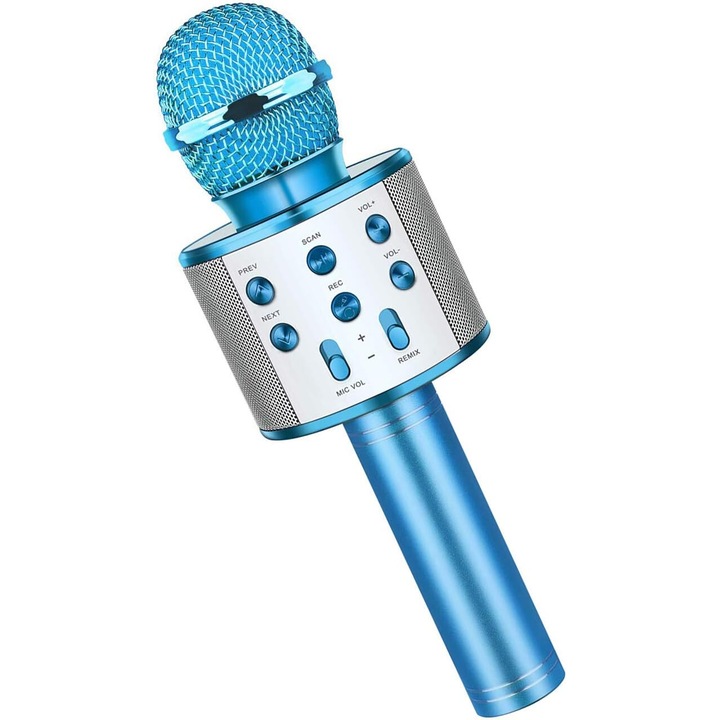 Караоке микрофон, Bluetooth и кабелна връзка, чист звук, висока съвместимост, син/сребрист