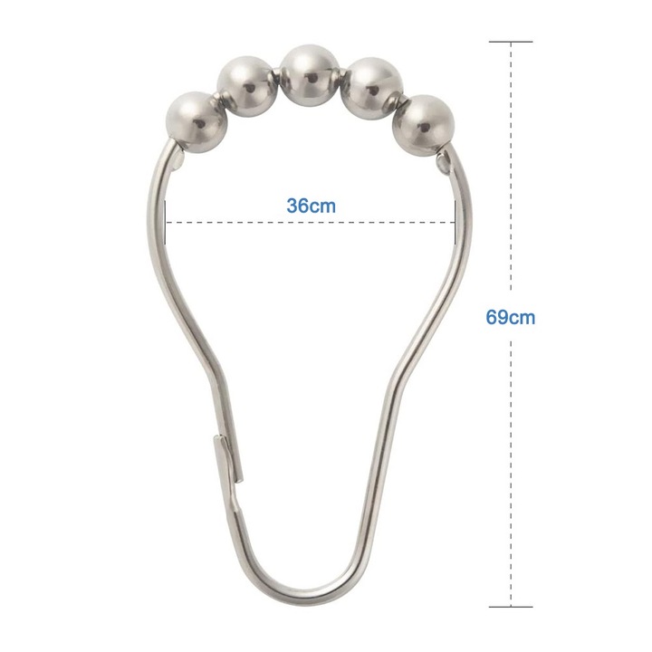 Set 12 carlige pentru perdea de dus, inox, nickel, 6.9x3.9cm