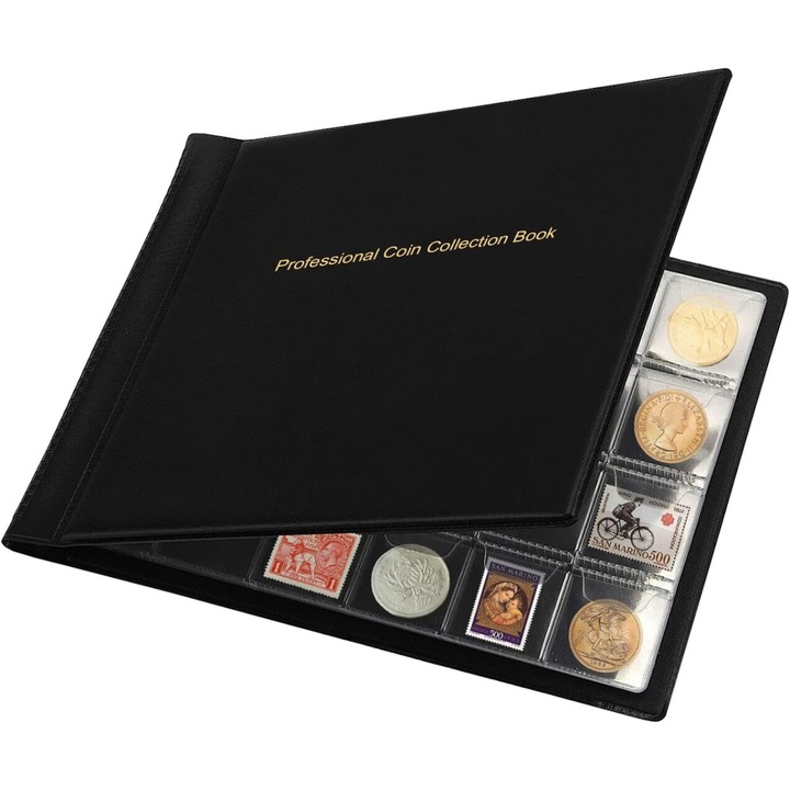 Album pentru Monede 240 Buzunare – Album Colectie Monede din Piele Ecologica, Buzunare Transparente, Capacitate 240 Monede, Dimensiune 20.5 × 15 cm, Negru