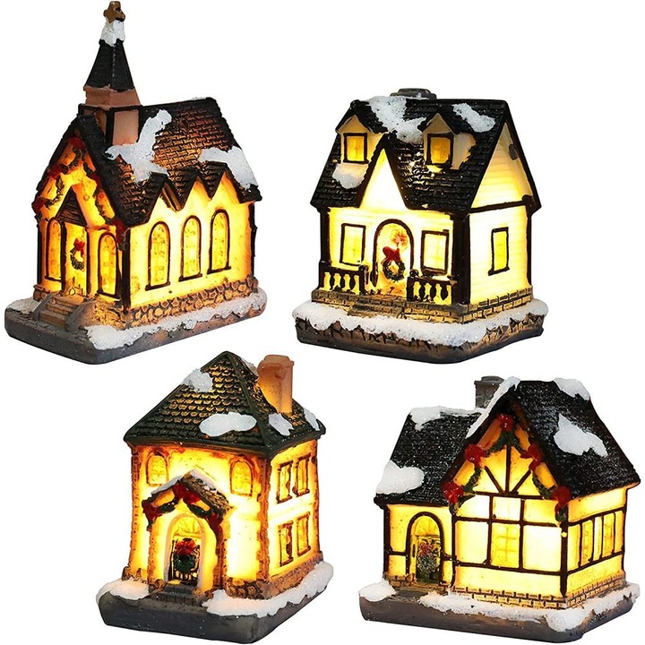 Set Sat de Craciun Cozevdnt, 4 Casute Iluminate LED, Multicolor, 9x7x5.5cm