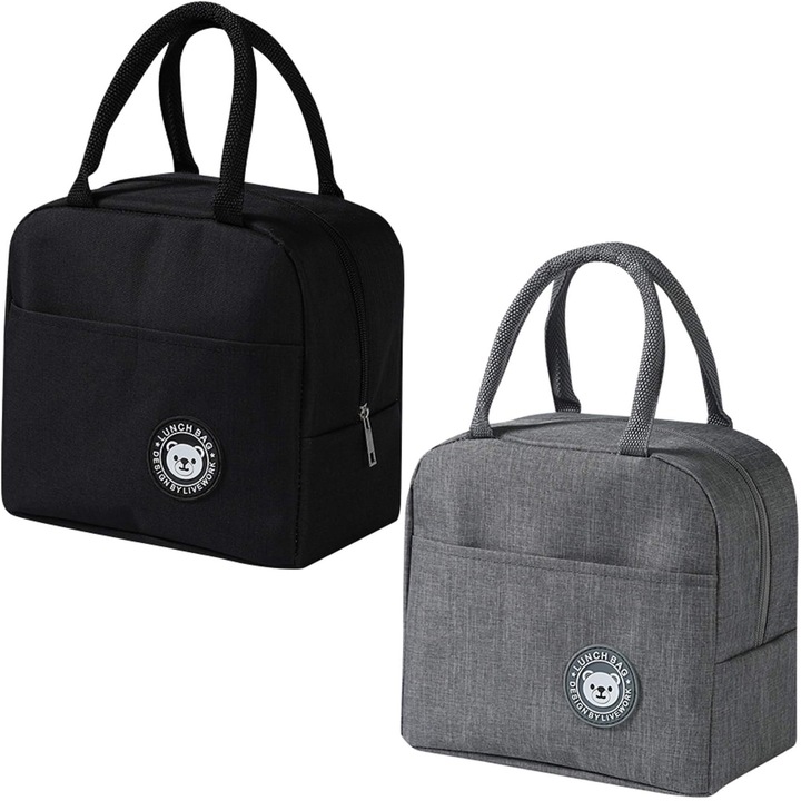 Set 2 Geanta Termoizolanta Pentru Pranz, Zggzerg, 5.6L, Cu maner de transport, Inchidere tip fermoar, Pastrati la cald si dati la frigider, Pentru birou, munca, scoala, calatorii, Poliester, 23 x 13 x 19cm, Negru+Gri
