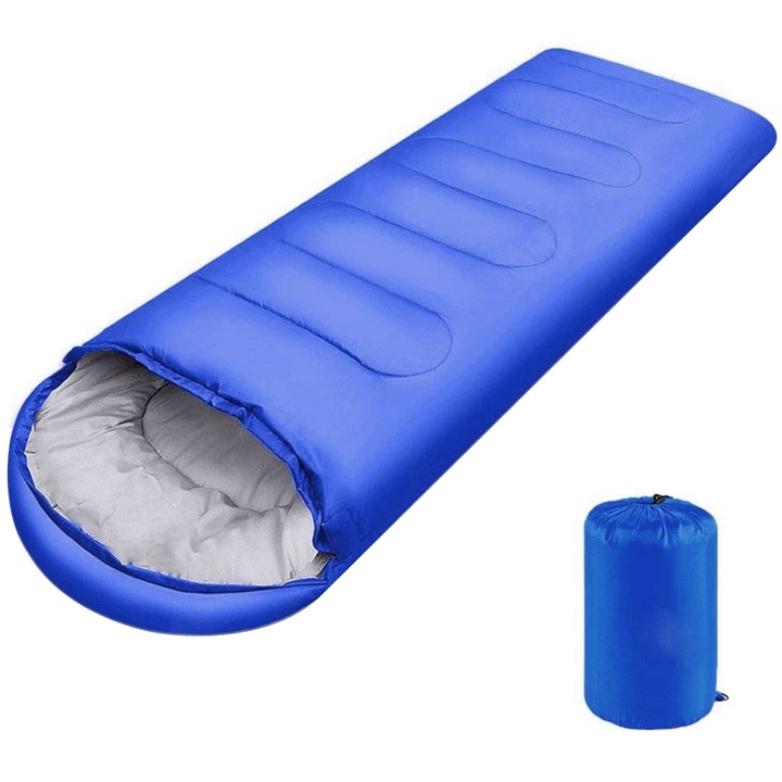 Спален чувал с качулка, Zggzerg, с чанта за съхранение, 2 в 1, 20-10 градуса, дишащ, антихипотермичен, устойчив на мухъл и влага, преносим, за къмпинг, туризъм, пътуване, полиестер, 210 x 75 см, син