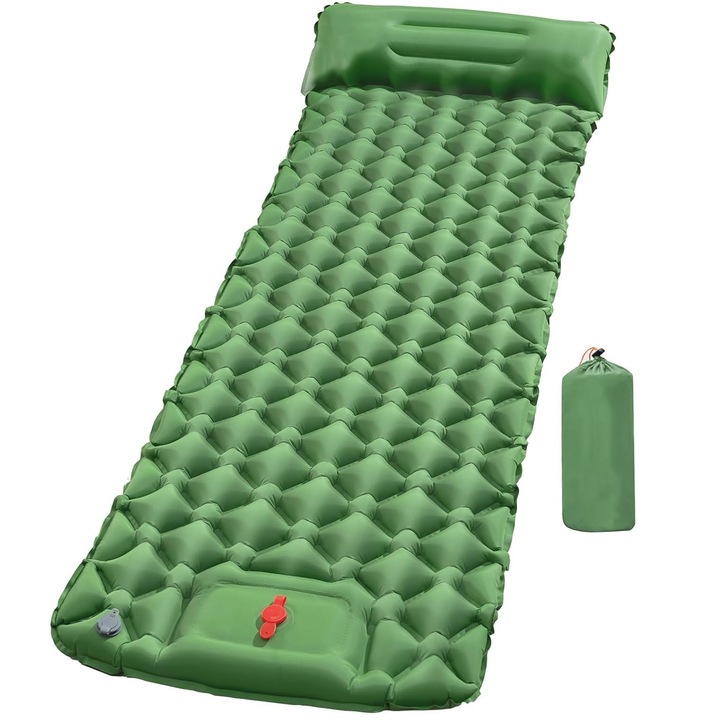 Надуваем матрак, Zggzerg, Единичен, Бързо надуване без помпа, Водоустойчив, Максимално поддържано тегло 200 кг, Преносим, С облегалка за глава, чанта за носене, За къмпинг и туризъм, Найлон+TPU, 190 x 60 см, Зелен