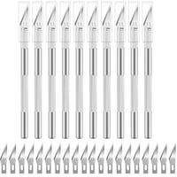 Set 10 Cutter metalic de precizie tip bisturiu, Zggzerg, Cu 20 lame din otel carbon, Ascutit si durabil, Antiderapant, Rezistent la uzura si la coroziune, Folosit pentru sculptura, taiere de hartie, Maner din aliaj de aluminiu, 14 x 0.7cm, Argintiu