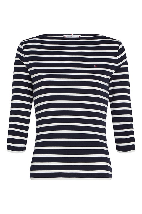 Tommy Hilfiger, Bluza slim-fit de bumbac cu maneci trei sferturi, Alb/Bleumarin