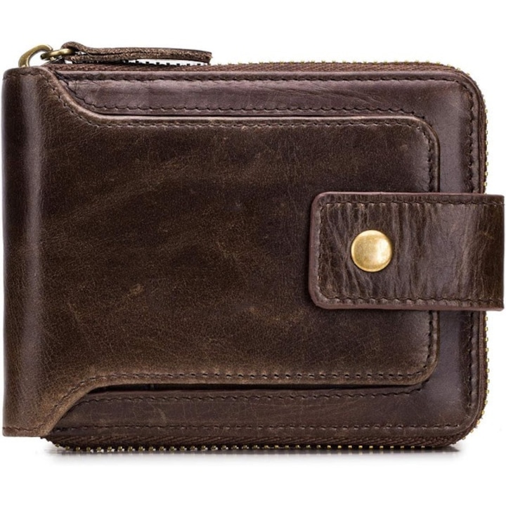 Portofel barbati JENUOS, piele, RFID Secure, 12 sloturi card, 11.5x10x2.5cm, maro