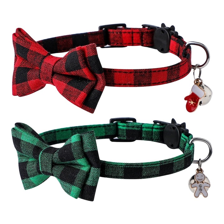 Set 2 Coliere pentru Caini cu Papion, Design Clasic Buffalo Plaid, Ajustabil, 28x1cm