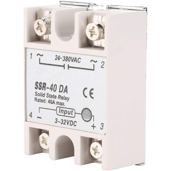 BGHYHYHI Egyfázisú félvezető relé, BGHYHYHI SSR-40DA, 40A, 3-32V DC - 24-380V AC, 6x4,5x2,3 cm, fehér
