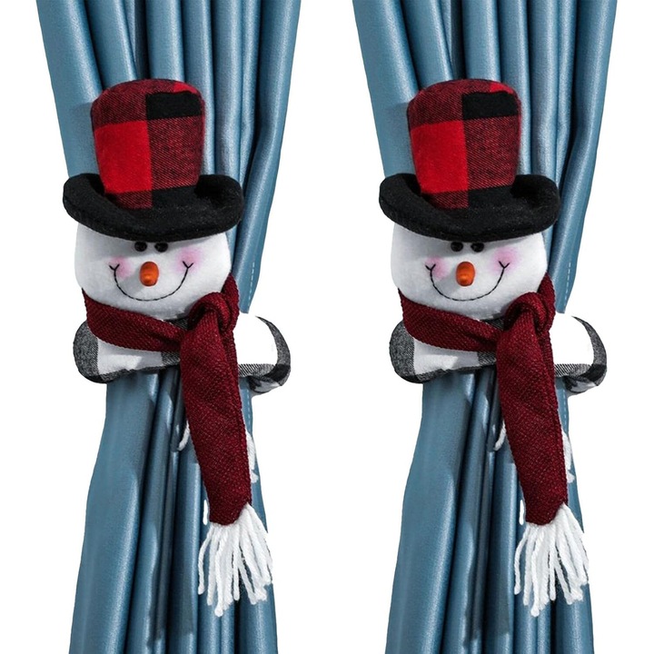 Catarame pentru perdea, Enforose, set 2 bucati, om de zapada si Mos Craciun, din pasla, reutilizabile, durabile