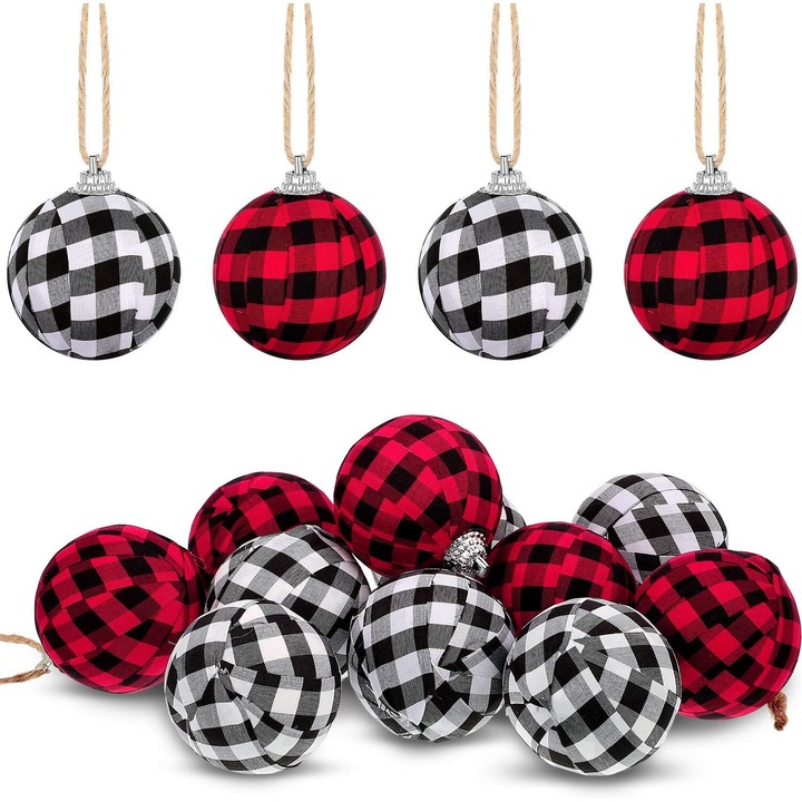 Globuri decorative, din tesatura cu model tartan, set de 12 bucati, rosu-negru, 5.5cm