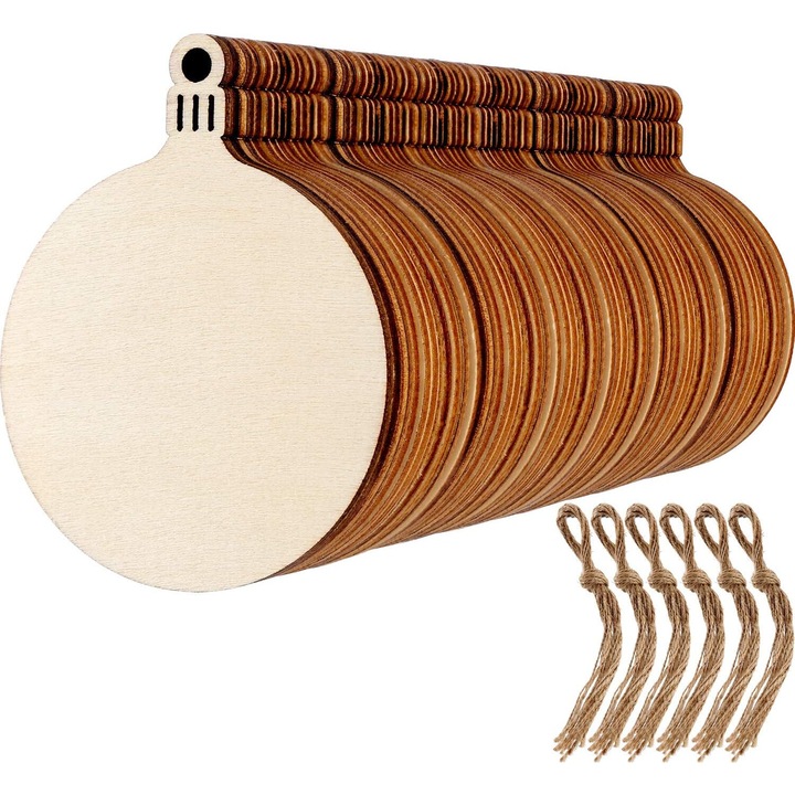 Set Ornamente de Craciun din Lemn pentru Pictat, 60 Bucati, Lemn Natural