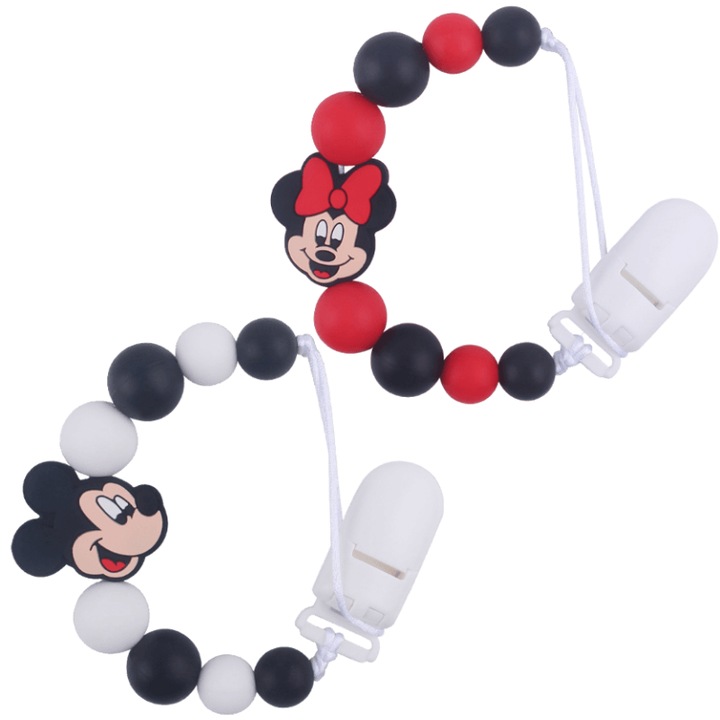 Lantisor pentru suzeta din silicon alimentar, set 2 piese, MzcrJosv ®, Fara BPA, 0 luni+, Minnie/Mickey, Multicolor