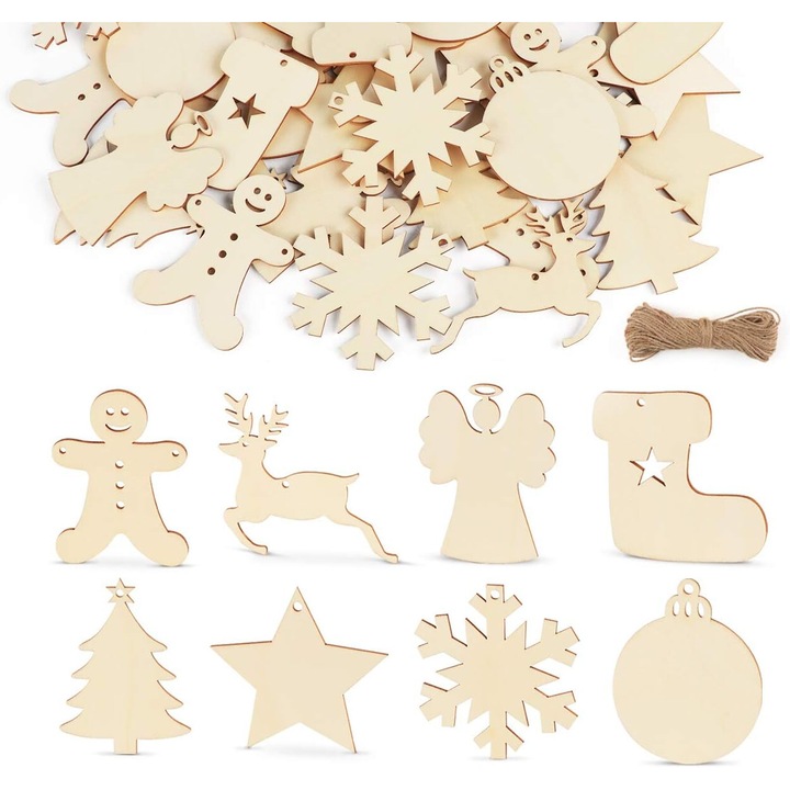 Set 80 Ornamente de Craciun din Lemn, Bizaical, 8 Stiluri, Culoare lemn, Dimensiuni variate