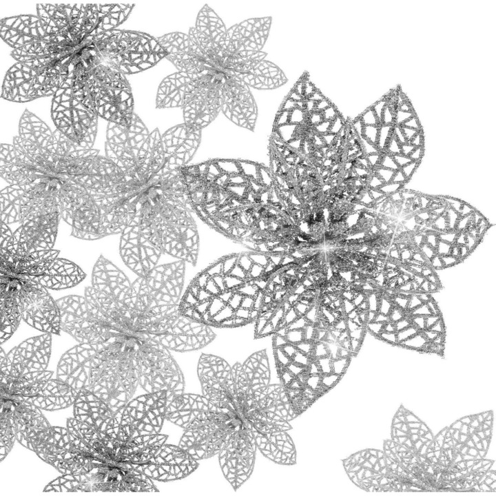 Set 36 flori de Craciun Glitter, Plastic/Nailon, Argintiu