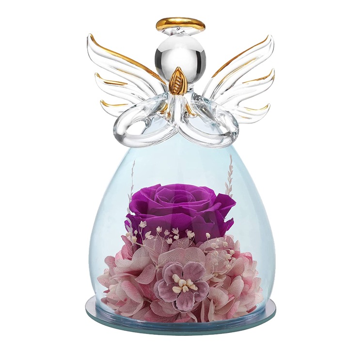 Statueta inger sticla cu flori naturale aurii 15x10x8cm