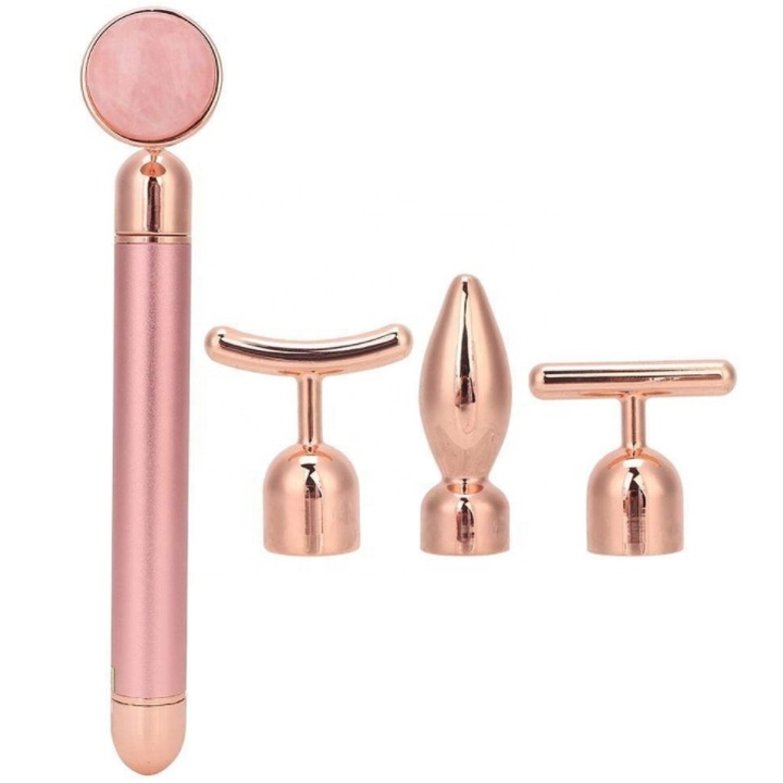 Set Aparat de Masaj Facial 4 in 1, Cozevdnt, Bara de Aur 24K, Role de Jad, Multicolor