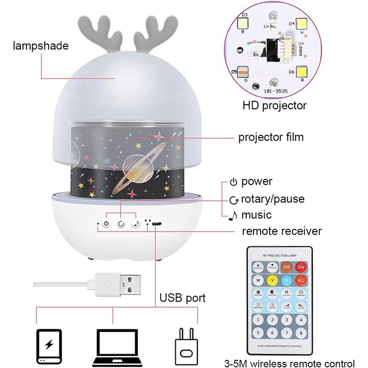 Xuigort éjszakai lámpa, csillag projektor, 6 vetítési téma, 360°-os elforgatás, bluetooth, sokszínű, 110x110x150mm