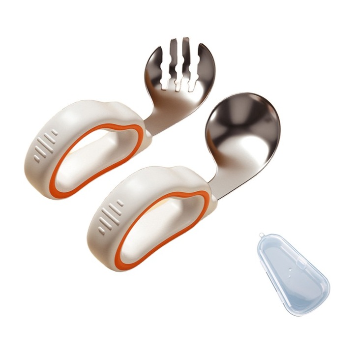 Set tacamuri pentru bebelusi, 2 piese, inox/silicon, 11cm, bej/portocaliu