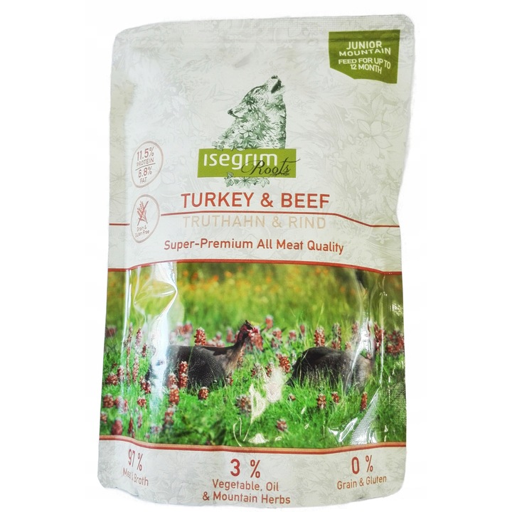 Kutyaeledel Isegrim Roots Junior, pulyka és marha, gabonamentes, 410g