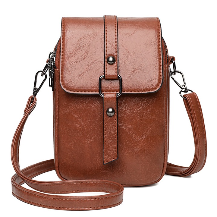 Crossbody táska telefonhoz, Bizaical, bőr, Barna, 20x13x6cm