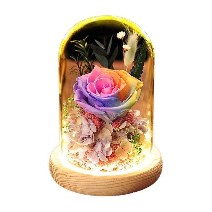 Trandafiri artificiali, LED, cupola sticla, baza lemn, multicolor, 20x15cm