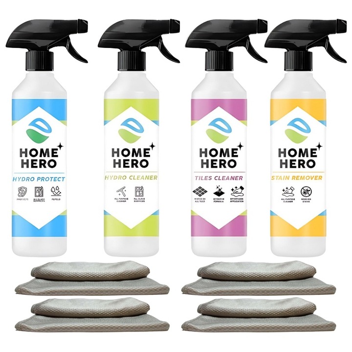 Pachet XL, Home Hero, HydroProtect + Hydro Cleaner + Tiles Cleaner + Stain Remover + 4 Lavete Microfibra, Solutii profesionale de curatare pentru Casa, 500 ml fiecare