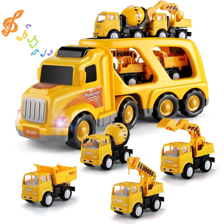 Set Camion de Constructie cu Vehicule Detasabile, Lumini si Sunete, Multicolor, Jucarii Interactive Copii