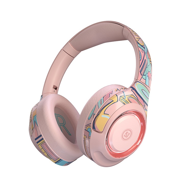 Casti, conexiune fara fir Bluetooth/cu fir, pliabil, microfon incorporabil, lumini colorate, diafragma placata cu argint de 40 mm
