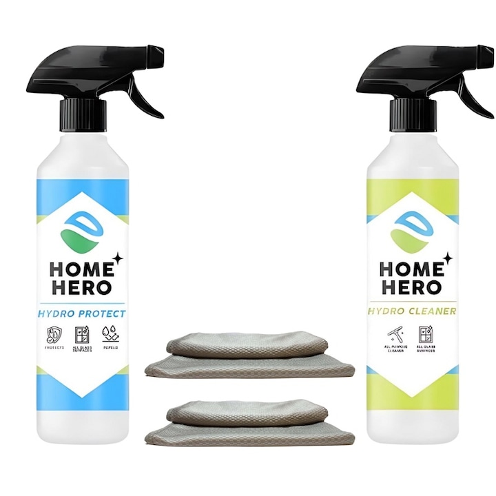 Pachet Maxi, Home Hero, HydroProtect + Hydro Cleaner + 2 Lavete Microfibra, Solutii profesionale de curatare pentru Casa, 500 ml fiecare
