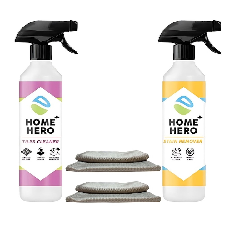 Pachet Combo, Home Hero, Tiles Cleaner + Stain Remover + 2 Lavete Microfibra, Solutii profesionale de curatare pentru Casa, 500 ml fiecare