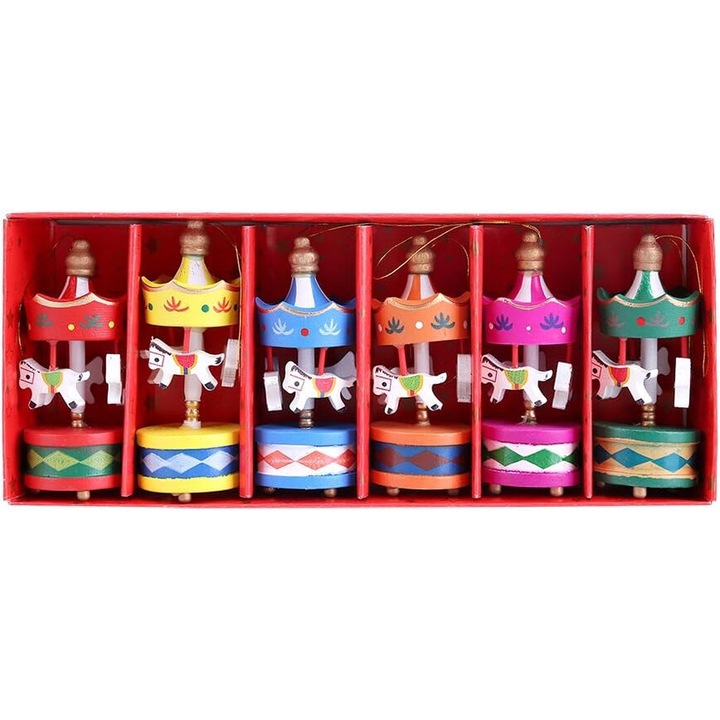 Set 6 Figurine Carousel Xuigort, Lemn de Box, Muzicale, Multicolor, 8x3cm