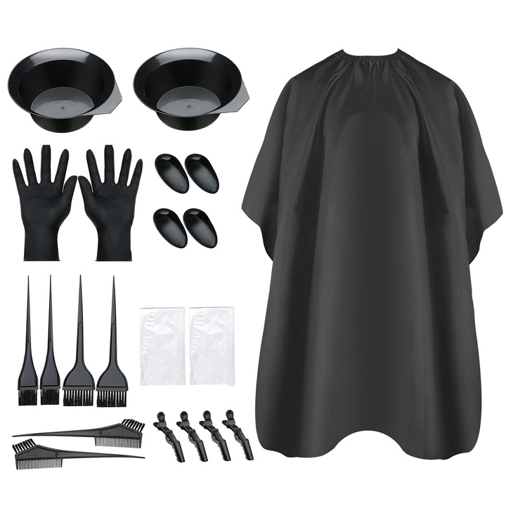 Set 21 trusa pentru vopsit par, Axroad Mall, Cu bol, pensula, manusi de cauciuc, Casti impermeabile pentru urechi, Par nelipicios, Antistatic, Folosit acasa sau la salon, Poate fi folosit in mod repetat, PP, Negru