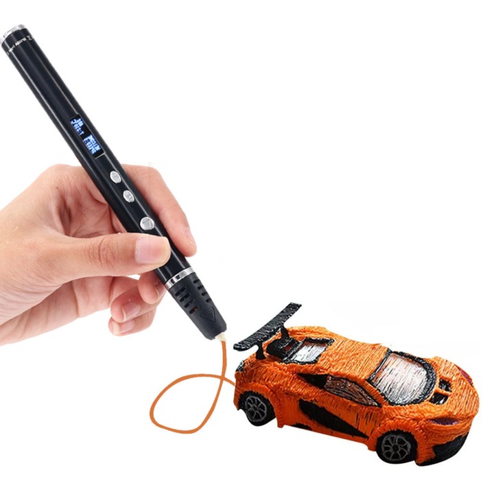 Creion 3D clickzu pentru desenat in spatiu, tehnologie de imprimare 3D, precizie de 0.7mm, temperatura si viteza reglabile, display OLED, carcasa metalica, design slim, pentru adulti si copii, potrivit cu filamente de 1.75mm PLA/ABS, incarcare USB, negru