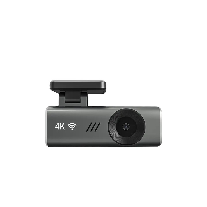 4K Ultra HD Dash Cam с Wi-Fi, 145° широк ъгъл на заснемане, висококачествен запис, нощно виждане, откриване на движение, лесен за инсталиране и управление чрез мобилно приложение, гласов контрол, поддръжка на SD карта до 128 GB, сив
