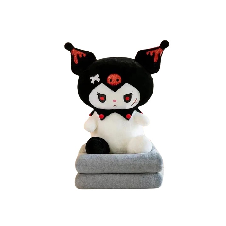 Set jucarie de plus si patura, Kuromi din seria Hello Kitty Sanrio, multicolor, 50 cm