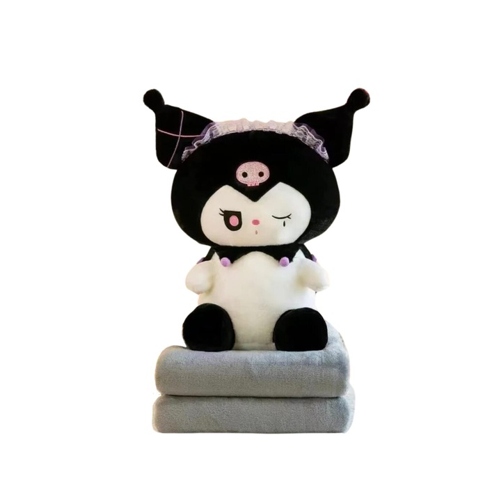 Set jucarie de plus si patura, Kuromi din seria Hello Kitty Sanrio, alb/negru, 50 cm