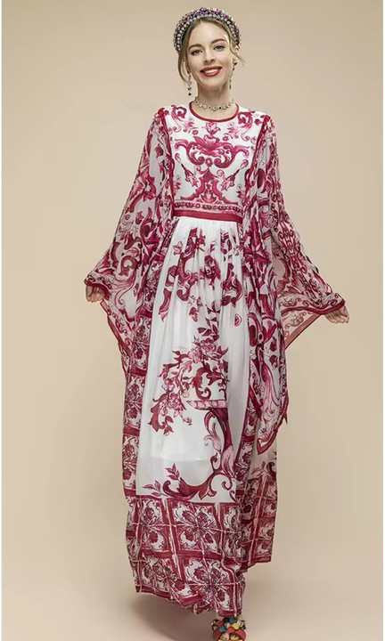 Noi ruha, porcelanmintas, nyari, hosszu, Piros/Fehér