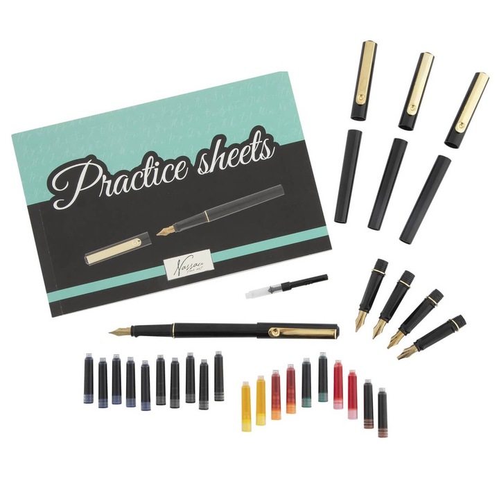 Комплект за калиграфия 35 части с цветно мастило различни писци и книга за калиграфия