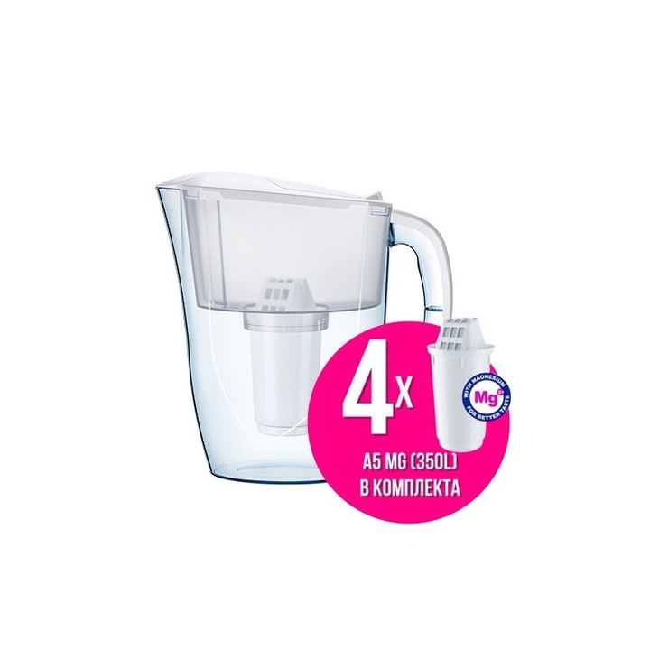 Кана за филтриране на вода Aquaphor, Smile, 2.9 L, с общо 4 филтъра A5Mg в комплекта, Бял
