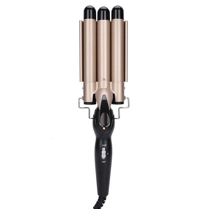 Ondulator BHW, 3 barele,3 Barrel Hair Wavers pentru par lung / scurt, 25mm Hair Curler Mermaid Hair Waver cu 2 de control al temperaturii, Waver Curling Wand pentru aparate de styling, ceramic, auriu, incalzire rapida, sertizare de par, 180C/210C
