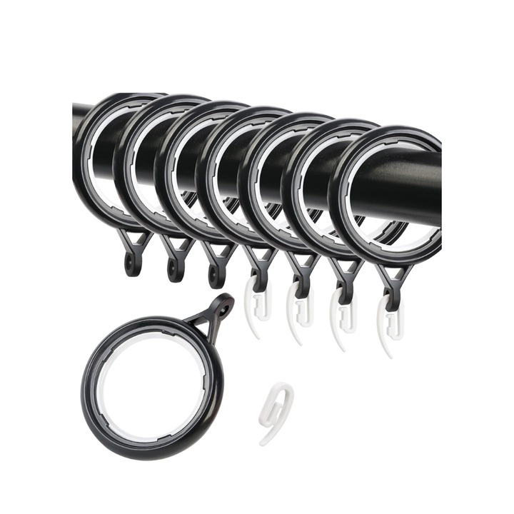 Set de 48 inele si carlige pentru draperii, WCIC, 40 mm, din plastic, Negru