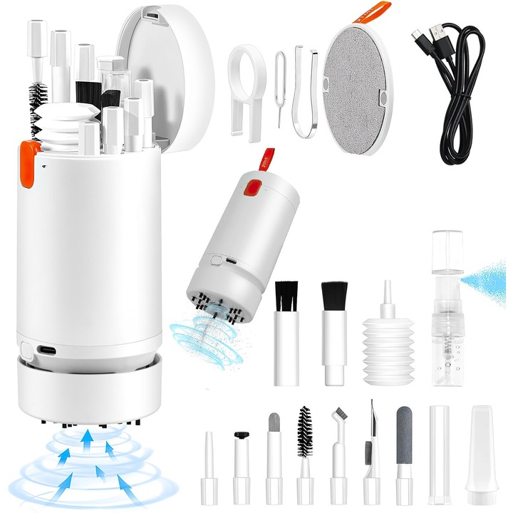 Univerzális tisztító szett elektronikához Excitat 21 az 1-ben, mini porszívó, USB, 600 mAh, Hordozható, laptopokhoz, billentyűzetekhez, fejhallgatókhoz, kamerákhoz, mobiltelefonokhoz, Szürke