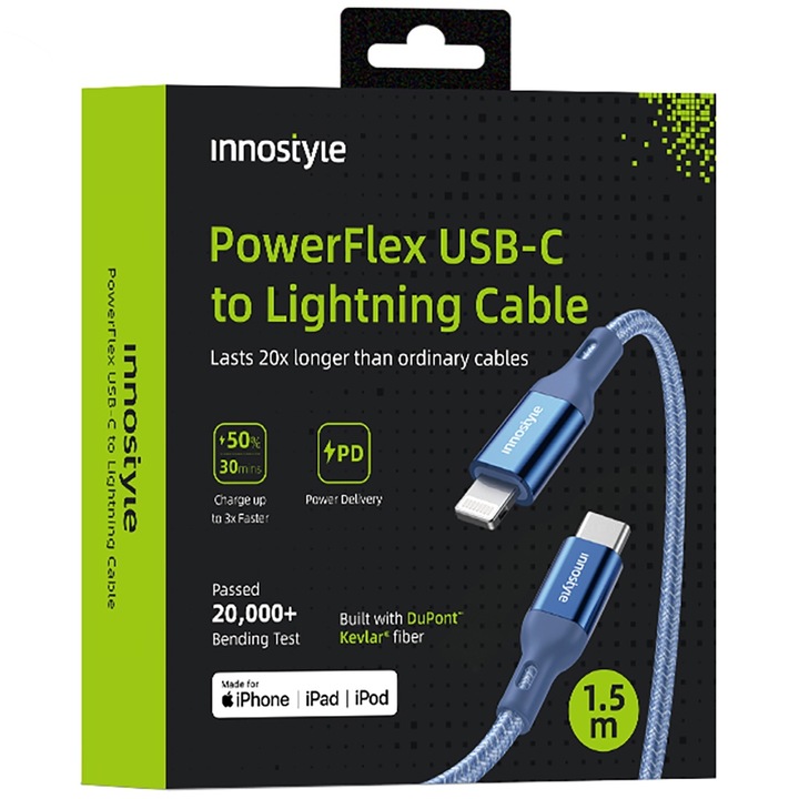 Adat- és töltőkábel, Innostyle, MFI USB-C - Lightning, iPhone 5 / 6 / 7 / 8 / X / XS / XR / SE / 11 / 12 / 13 / 14 / Mini / Plus / Pro / Max készülékekhez, kompatibilis Apple CarPlay-vel, Kevlar®, 2M, kék