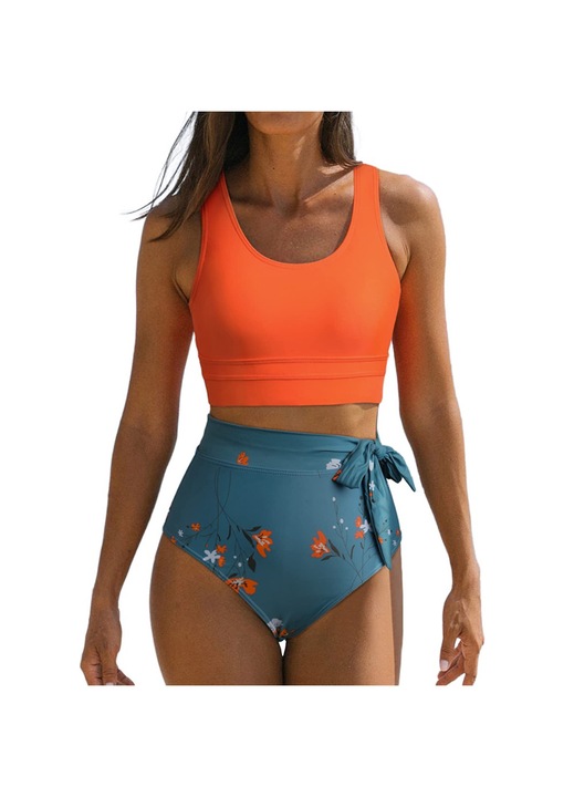 Costum de baie dama Jormftte, talie inalta, model floral, portocaliu/albastru