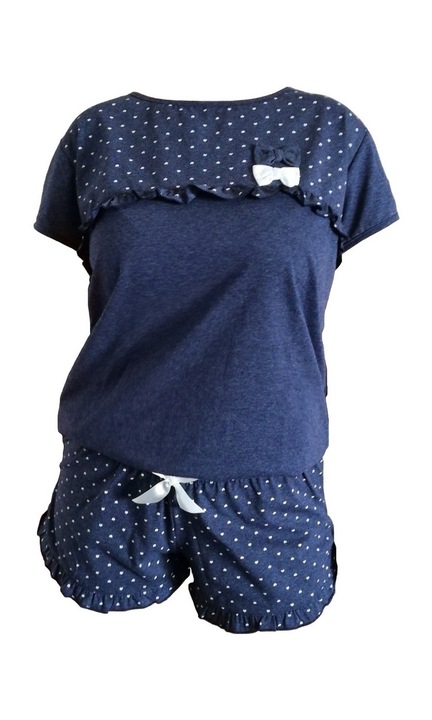 Pijama dama Sensis Mirela scurta model cu inimioare bumbac L albastru inchis melange cu alb