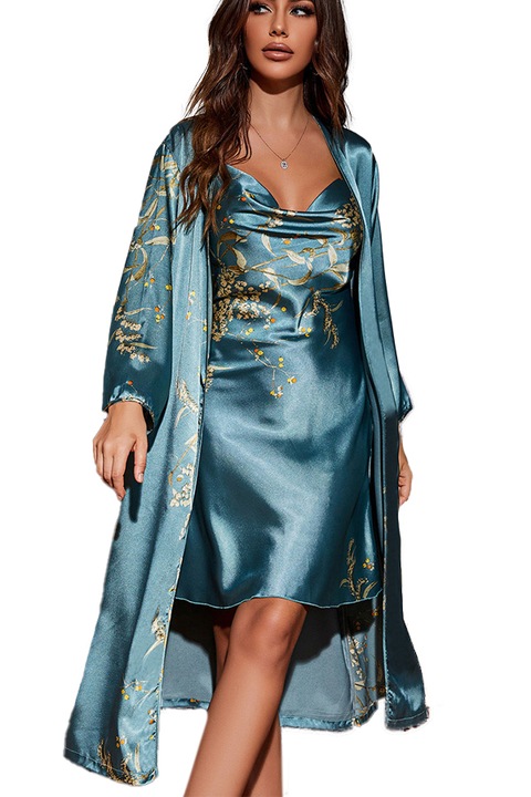 2 részes szatén pizsama garnitúra, köntös zsinórral és hálóing SUSU-008 kék 106976, Kék