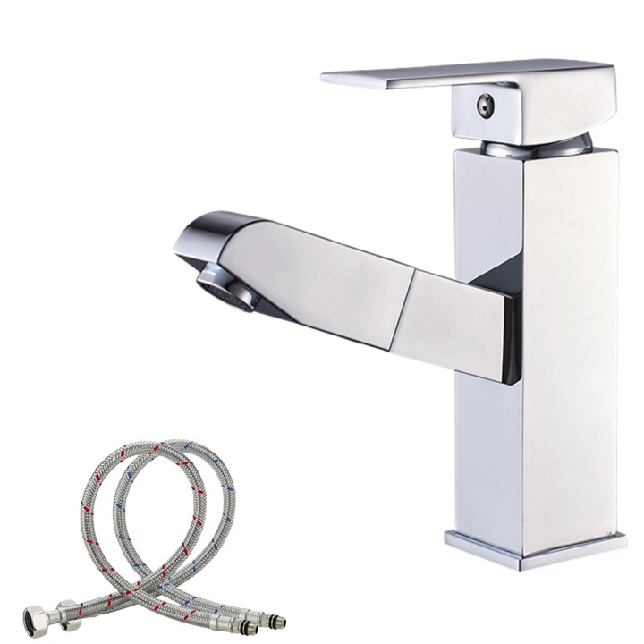 Смесител за мивка за баня, подвижен кран, единична дръжка, минималистичен дизайн, включени връзки, неръждаема стомана, здрав и издръжлив, устойчив на ръжда и корозия, лесен за инсталиране, SMARTGADGETS C&A, сребрист, 18 CM