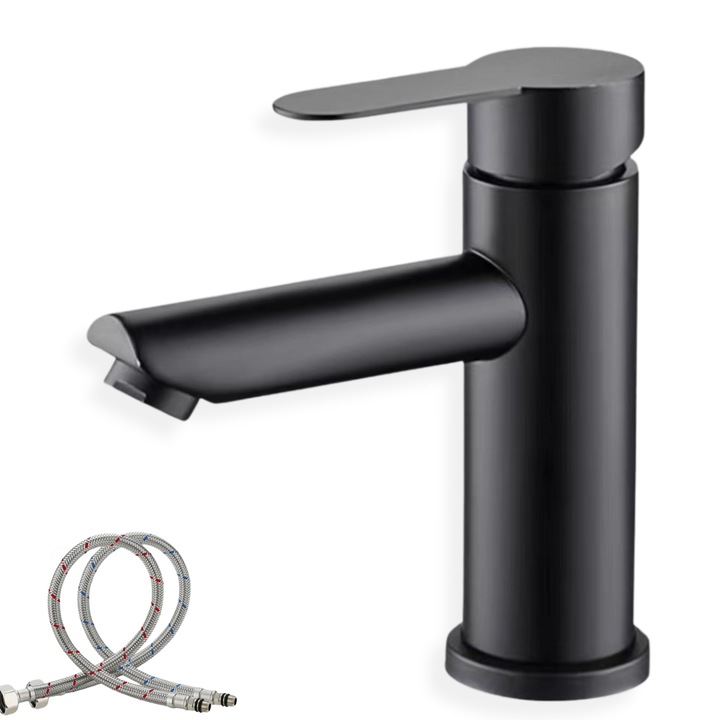 Смесител за мивка за баня, неръждаема стомана, включени връзки, устойчив на надраскване, SMART GADGETS C&A, минималистичен дизайн, черен 17 см