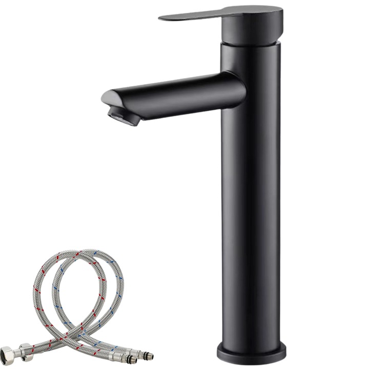 Смесител за мивка за баня, неръждаема стомана, включени връзки, устойчив на надраскване, SMART GADGETS C&A, минималистичен дизайн, черен 30 см